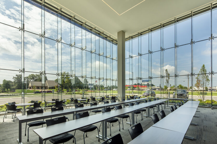 Interior of large conference room with glass walls at First National Financial Park in Jonesboro