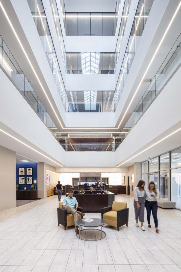 Central atrium at First National Financial Park with skylight and open circulation