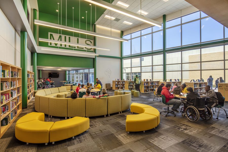 Library and collaborative learning space at Mills University Studies High School in Little Rock, Arkansas.