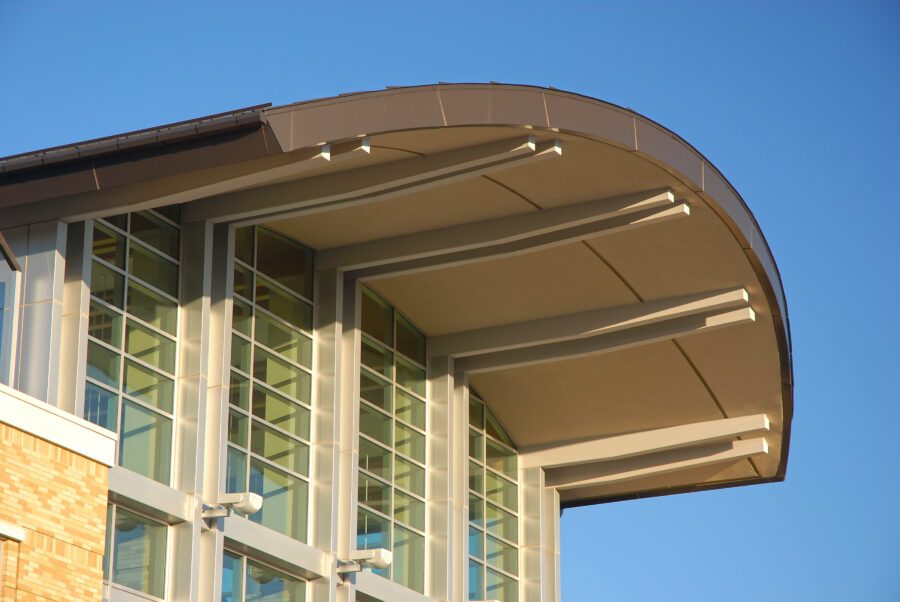 View of exterior canopy of Reng Student Union designed by WDD Architects.