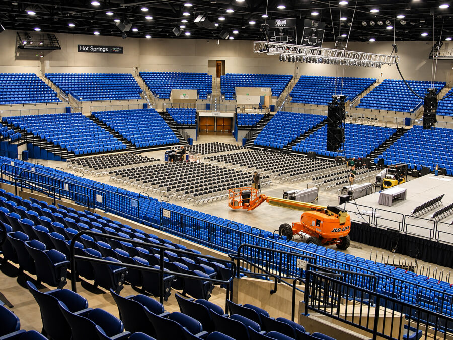 Arena at the Hot Springs Convention Center in Hot Springs, AR, with tiered seating and flexible event floor designed by WDD Architects.