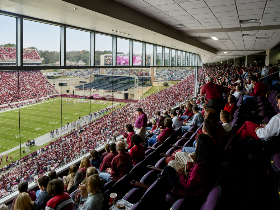 Premium seating overlooking the field at Donald W. Reynolds Razorback Stadium