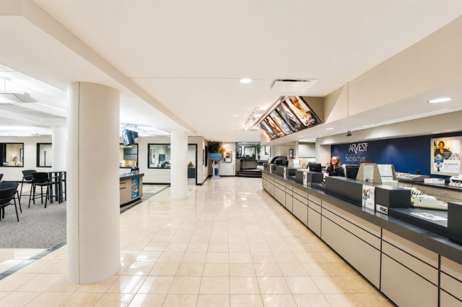 Arvest Bank branch interior with teller stations and customer service areas