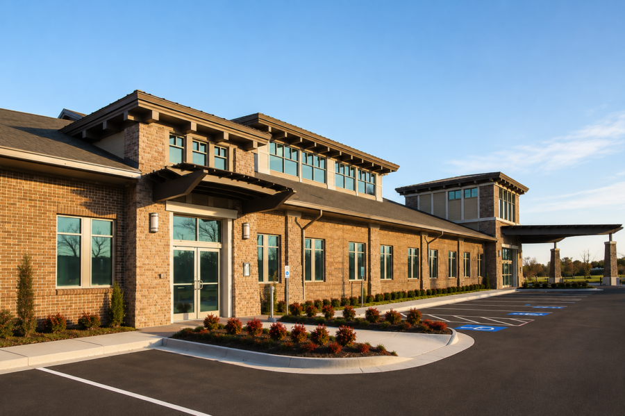 Exterior of Mellon Clinic in Fayetteville, Arkansas, featuring Craftsman-inspired brick and stone architecture