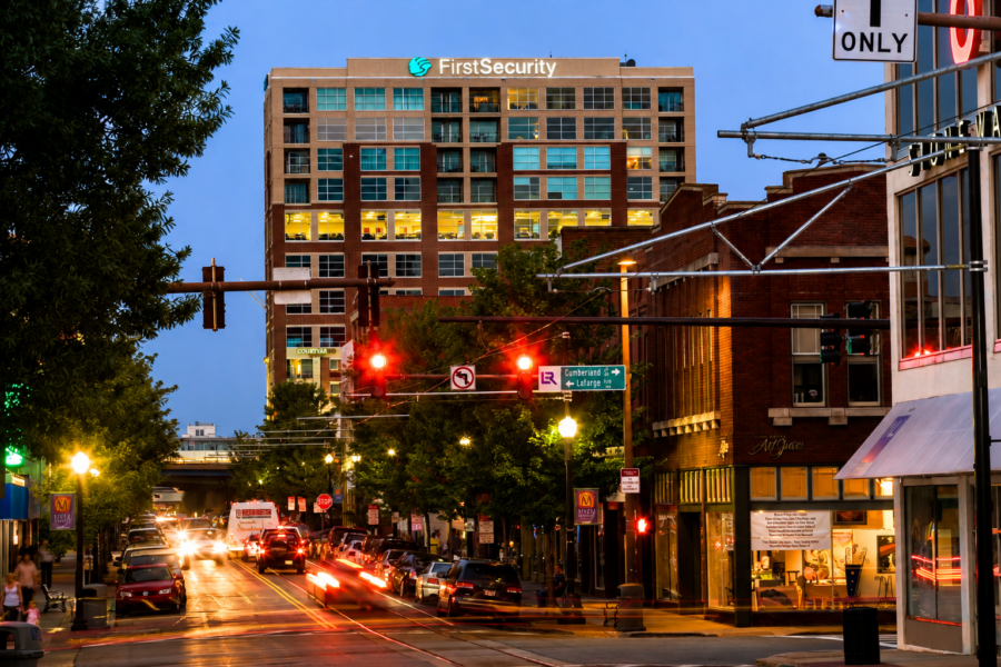 First Security Center overlooking Little Rock’s River Market District at dusk