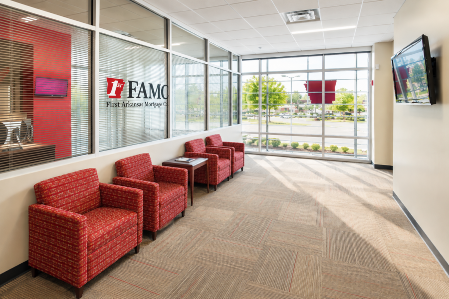 First Arkansas Bank & Trust office interior with glass walls and customer seating