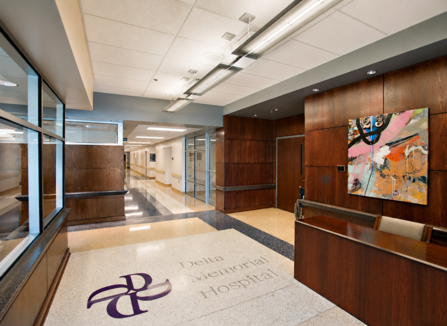 Interior view of lobby at Delta Memorial Hospital designed by WDD Architects