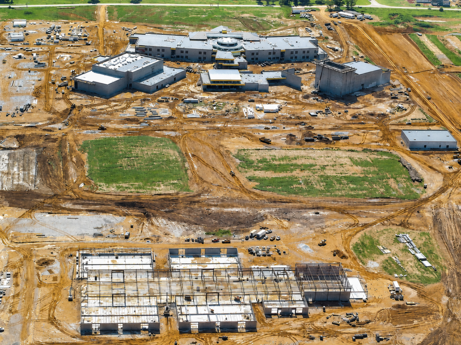 Aerial view of Har-Ber high school construction, part of the Springdale master planned designed by WDD Architects.
