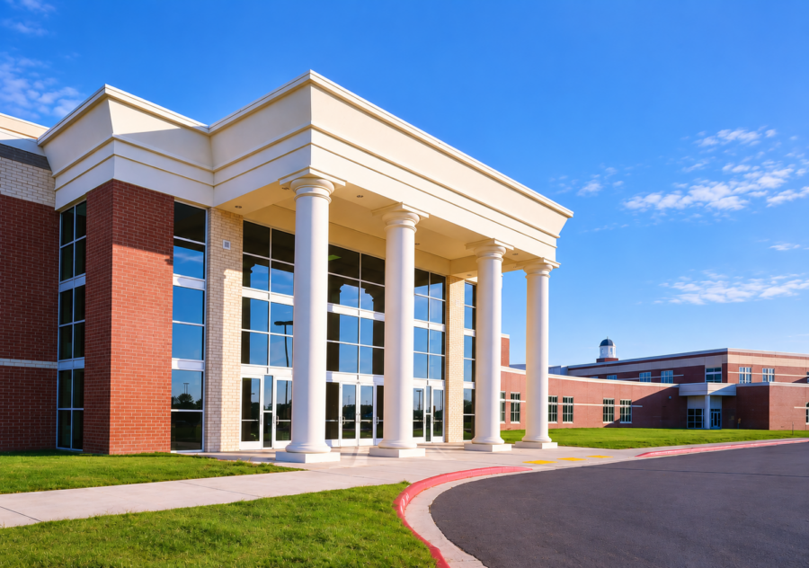 Front exterior of Har-Ber High School Performing Arts Center featuring a columned entrance, brick façade and expansive glass entryway designed by WDD Architects.