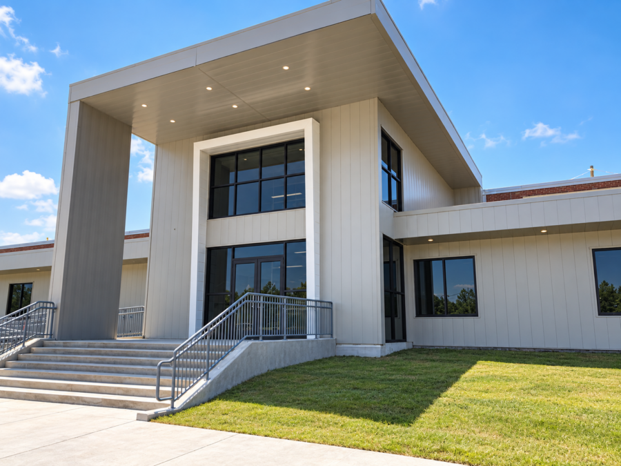 Arkansas Community Correction Central Office designed by WDD Architects, featuring a modern covered entrance, light metal panels and dark-framed windows.