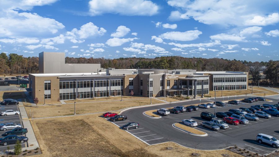 Aerial view of Mills University Studies High School campus designed by WDD Architects.