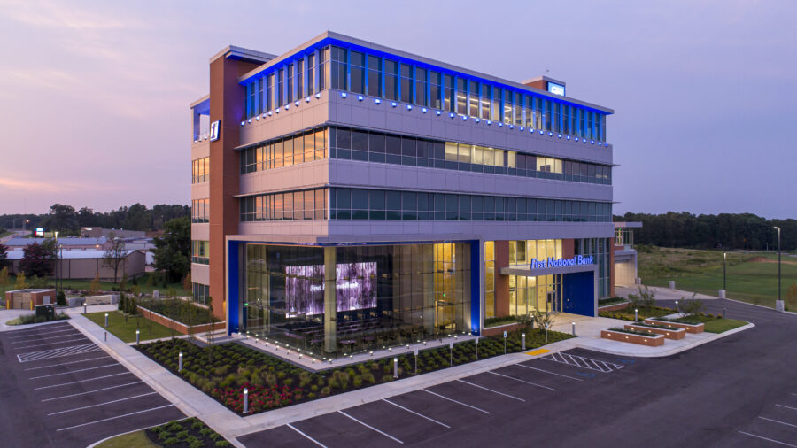 Sunset aerial view of First National Bank Financial Park designed by WDD Architects