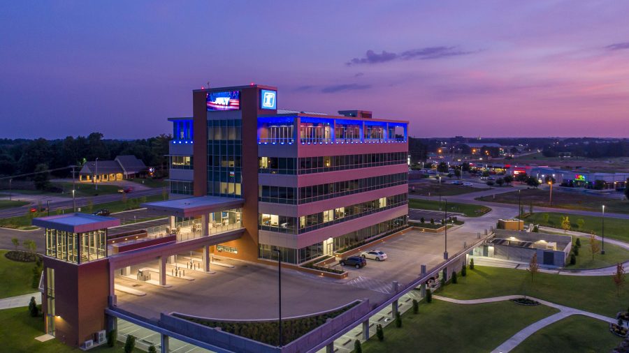 First National Financial Park entrance and landscaped grounds in Jonesboro