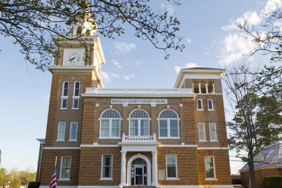 Entrance view of the restored Bradley County Courthouse in Warren, AR.