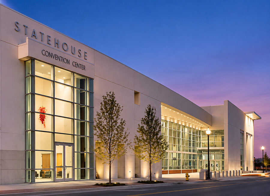 Statehouse Convention Center exterior at dusk in downtown Little Rock, Arkansas, designed by WDD Architects
