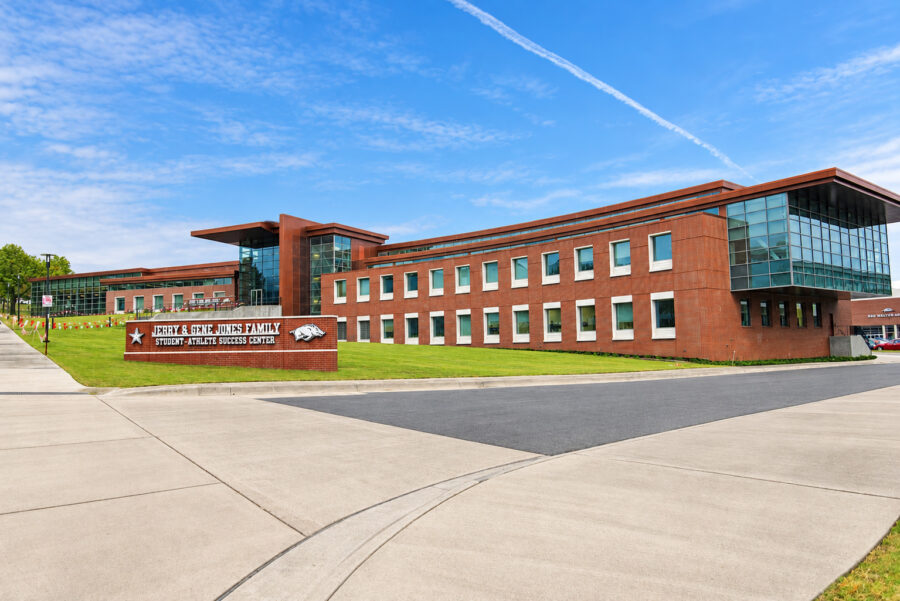 Exterior view of the Jerry & Gene Jones Family Student-Athlete Success Center in Fayetteville, AR, designed by WDD Architects.