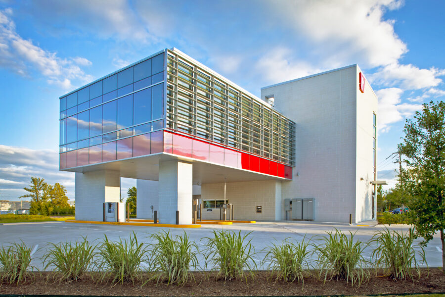 Back exterior view of First Arkansas Bank & Trust designed by WDD Architects
