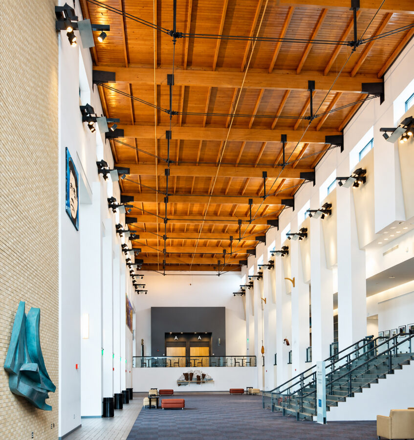 Grand Hall at the Hot Springs Convention Center in Arkansas featuring exposed wood roof framing and natural light.