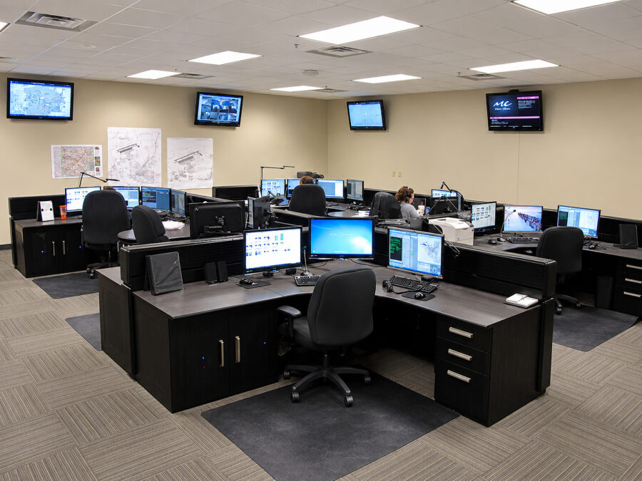 911 dispatch center at the Jacksonville 911 Center featuring emergency communications workstations