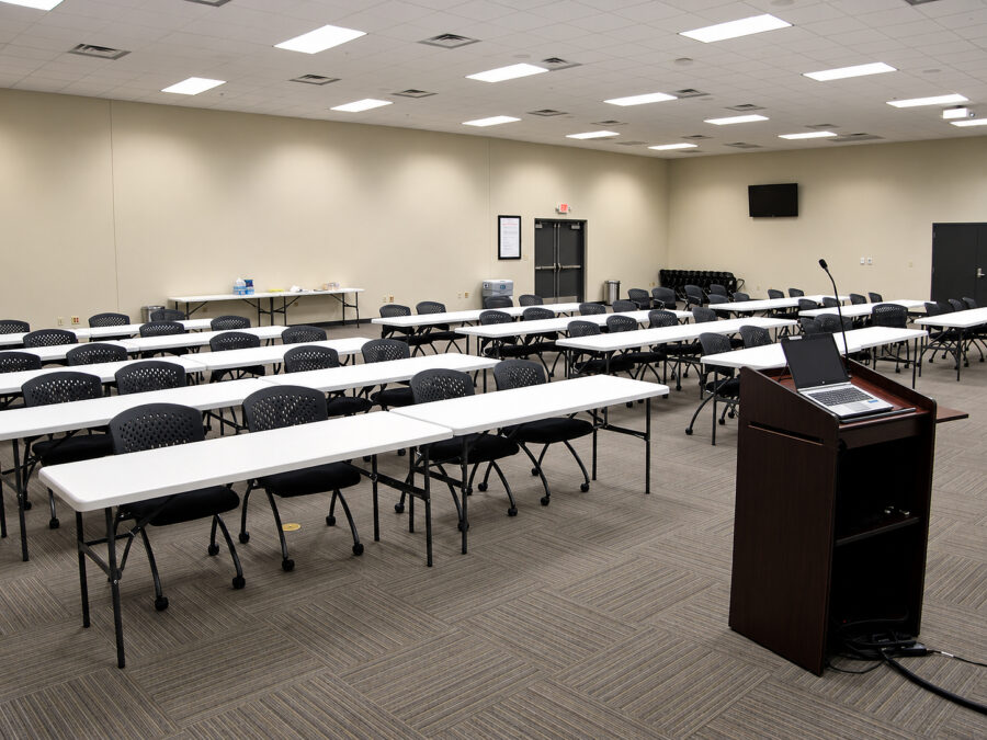 Training room at the Jacksonville 911 Center with classroom-style seating and presentation area