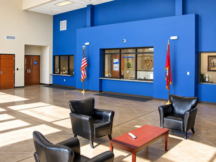 Public lobby at the Jacksonville 911 Center in Jacksonville, Arkansas, designed by WDD Architects