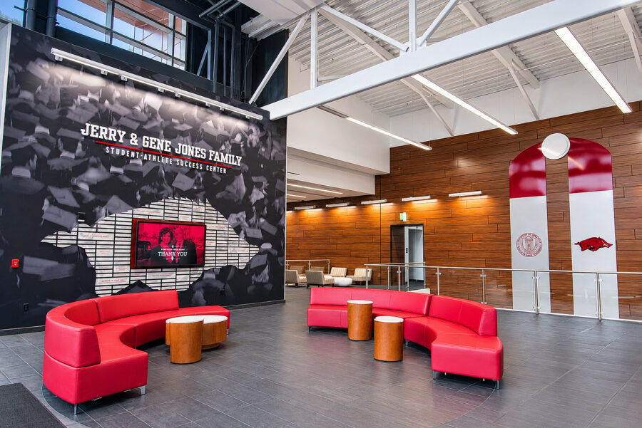 Interior view of the lobby of the Jerry & Gene Family Student Athlete Success Center in Fayetteville, AR.