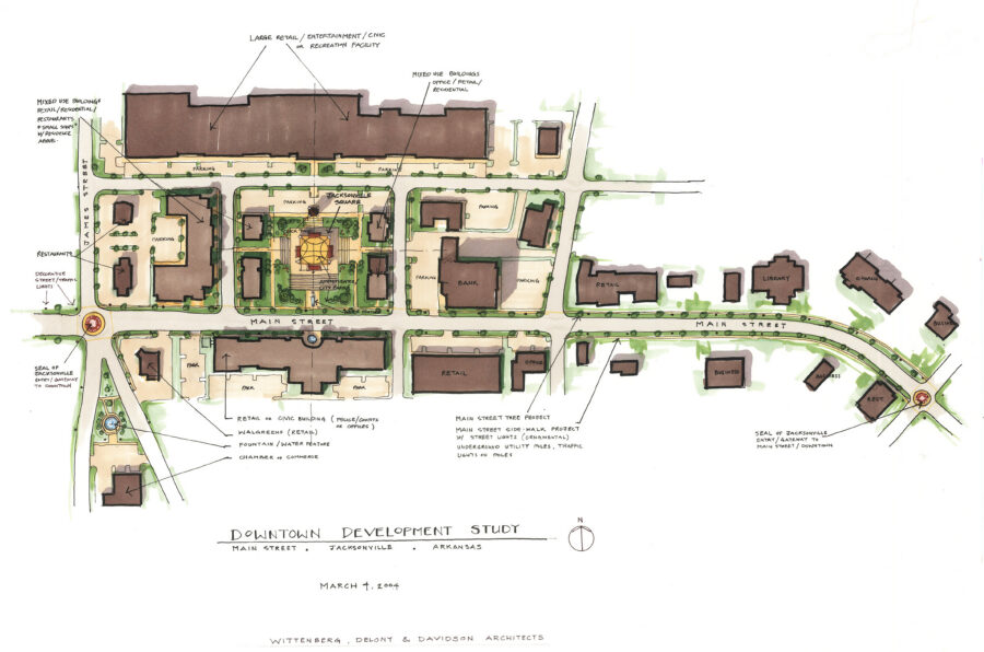 Jacksonville Development Study Jacksonville Downtown Development Study master plan by WDD Architects showing Main Street, civic spaces, mixed-use development and downtown revitalization concepts.