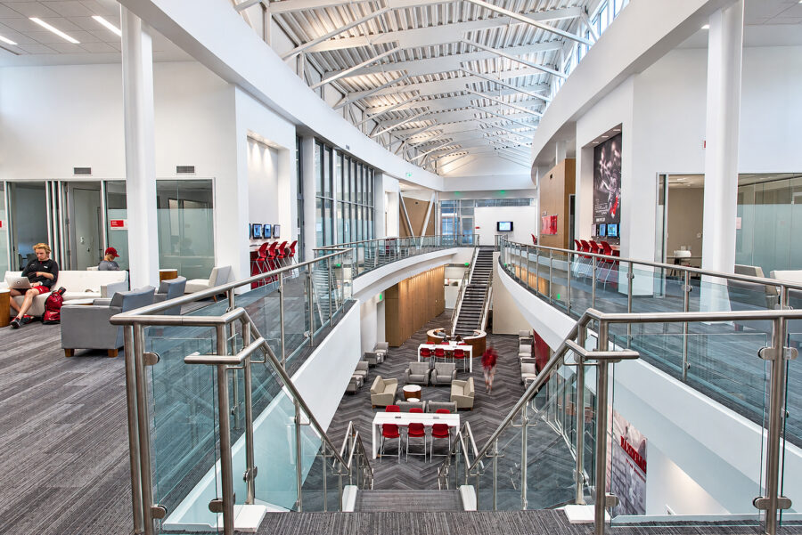 Interior view of main atrium in the Jerry & Gene Family Student Athlete-Success Center.