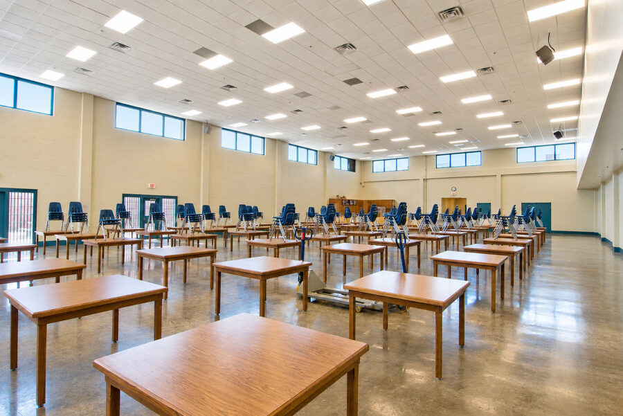 Dining hall and common area inside the Ouachita River Correctional Unit designed by WDD Architects