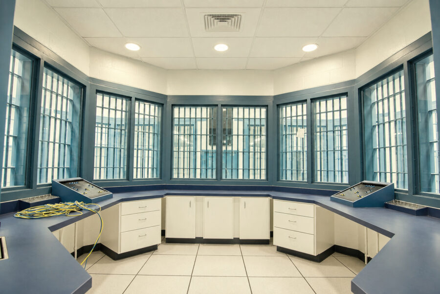 Secure control room overlooking housing areas at the Ouachita River Correctional Unit