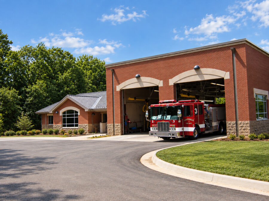 Fayetteville fire station exterior in Arkansas with fire engine in the garage bay, designed by WDD Architects.