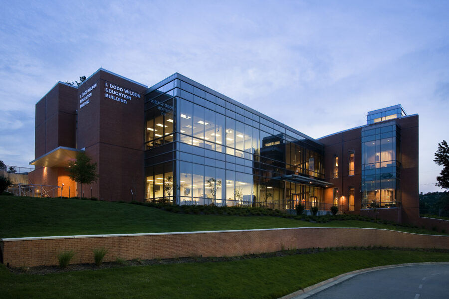 UAMS I.Dodd Wilson Education Evening exterior view of UAMS I.Dodd Wilson Education building in Little Rock, AR, designed by WDD Architects.