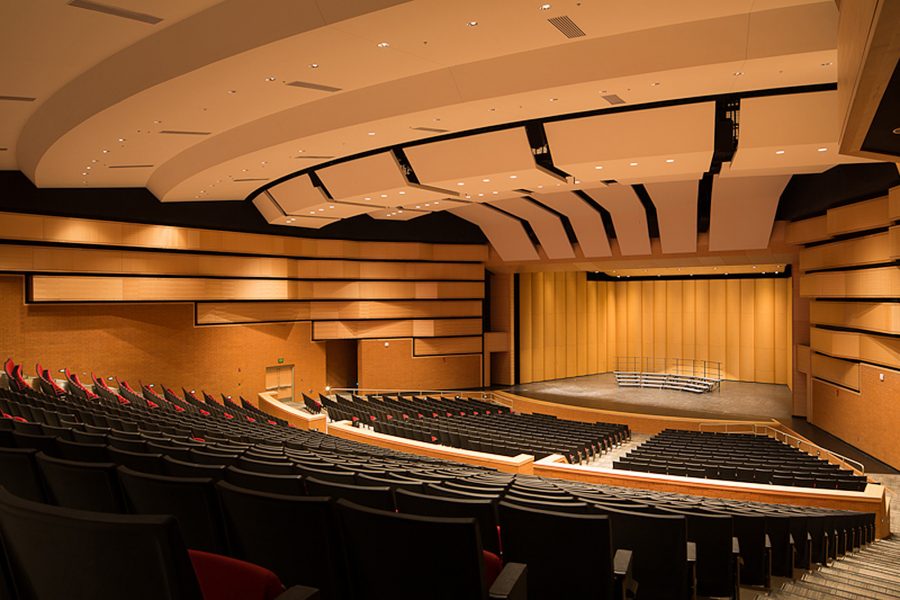 Performance stage and audience seating inside the Maumelle High School Performing Arts Center.