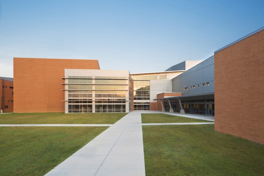 Exterior of the Maumelle High School Performing Arts Center designed by WDD Architects in Maumelle, Arkansas.