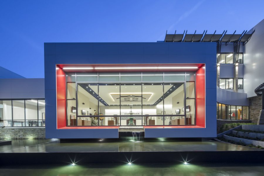 Exterior view of reflection pools at ATA World Headquarters designed by WDD Architects