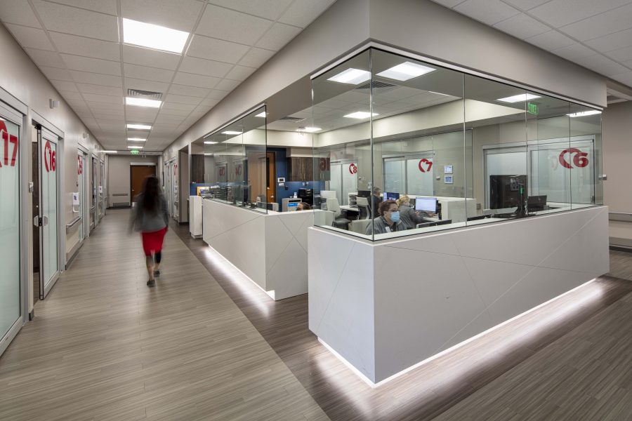 Centralized nursing station at Arkansas Heart Hospital Encore designed to support efficient patient care