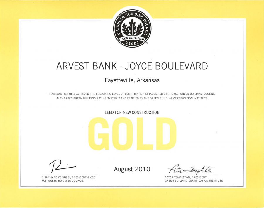 LEED Gold certification for Arvest Bank Joyce Boulevard in Fayetteville, Arkansas