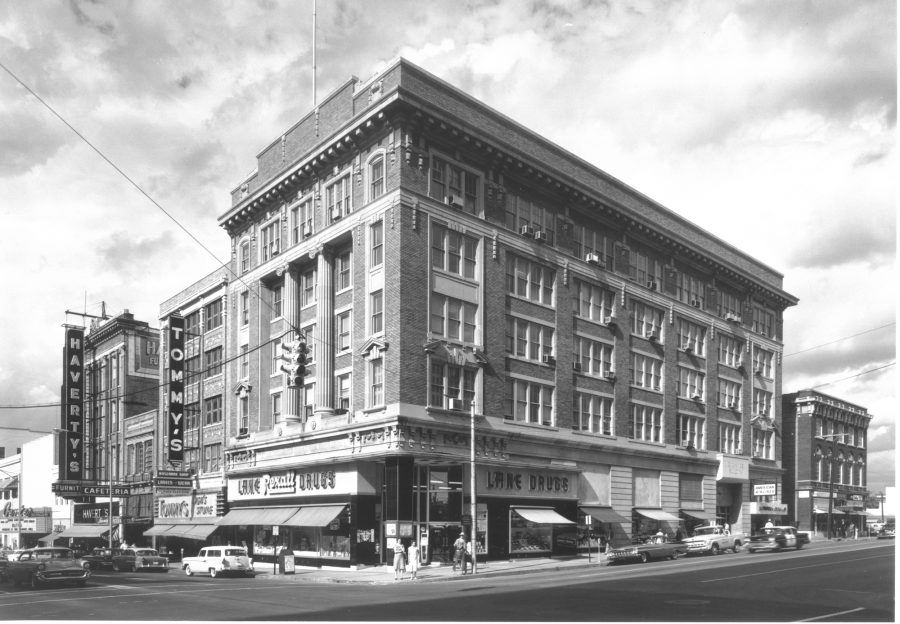 Historic black-and-white view of the original Exchange Bank Building in downtown Little Rock prior to renovation by WDD Architects.