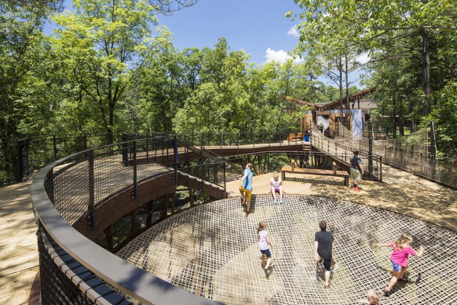 View of kids playing on the Bob Wheeler Science Skywalk at Mid-America Science Museum in Hot Springs, Arkansas