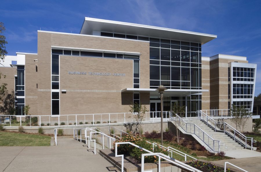 Pulaski Technical College Front entrance view of Pulaski Tech College Business Technology Center in North Little Rock, AR, designed by WDD Architects.