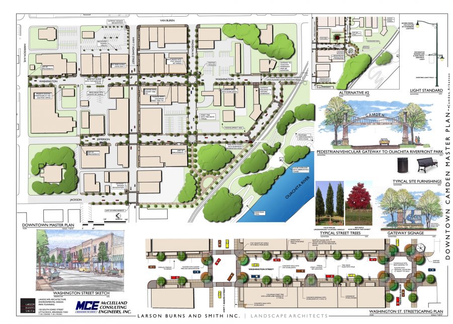 Camden Downtown Master Plan showing streetscape improvements, riverfront connections and redevelopment concepts in Camden, Arkansas.