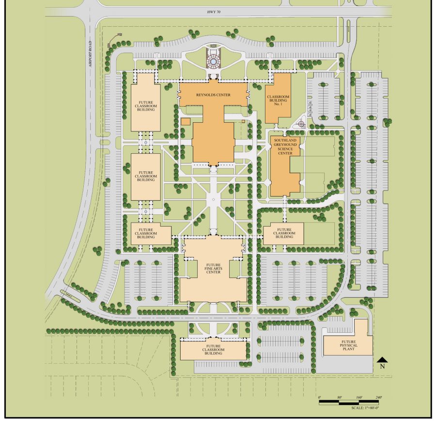 Mid-South Community College master plan showing the Reynolds Center and planned future campus buildings designed by WDD Architects