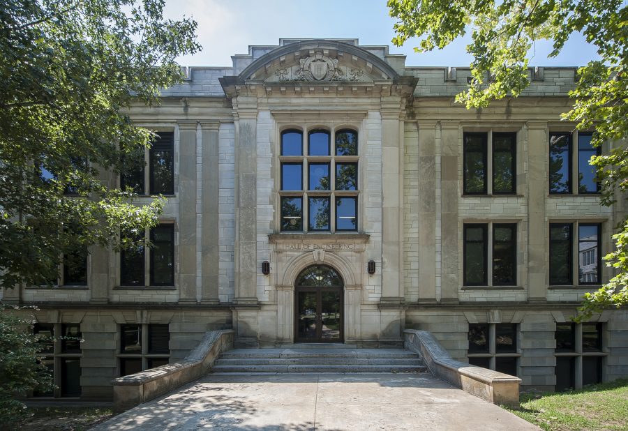 Exterior entrance view of the University of Arkansas John A. White, Jr. Engineering Hall Renovation in Fayetteville, Arkansas