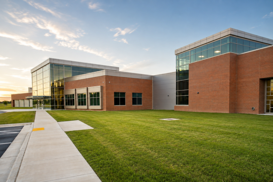 Exterior view of phase 1 of Don Tyson School of Innovation in Springdale, AR, designed by WDD Architects.