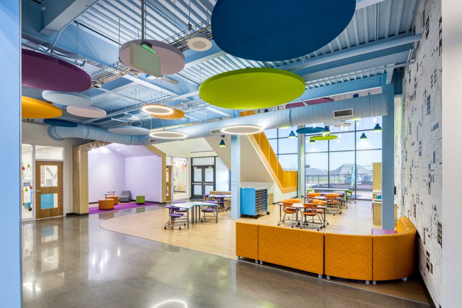 Flexible classroom at Jim Rollins Elementary School of Innovation in Springdale, AR, with movable furniture and connections to adjacent learning spaces