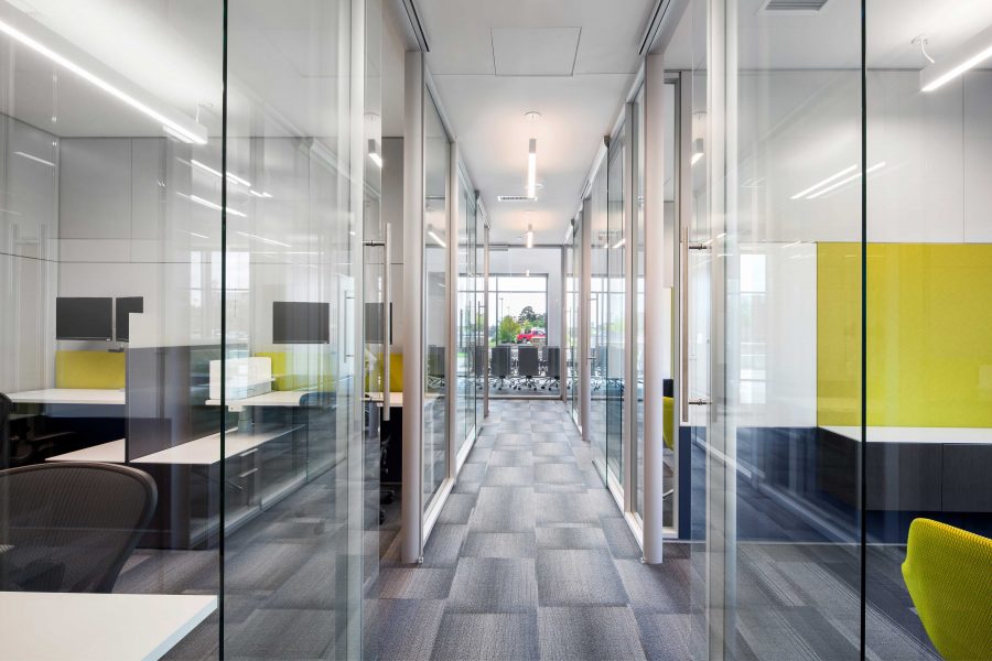 Open office workspaces at the CGI office building in Little Rock