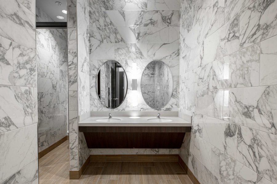 Modern restroom interior at the CGI office building in Little Rock, Arkansas