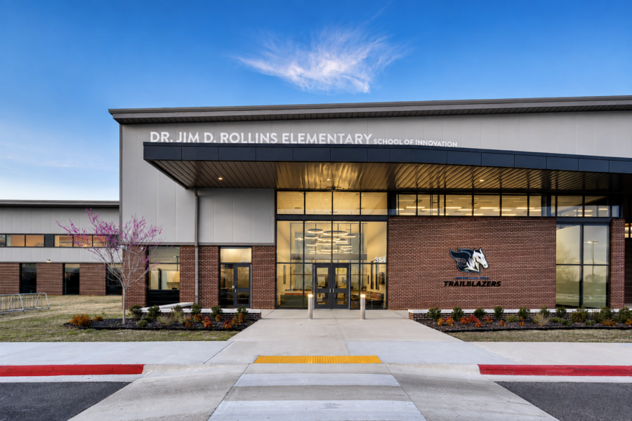 View of exterior entrance of Jim Rollins Elementary school in Springdale, Arkanas