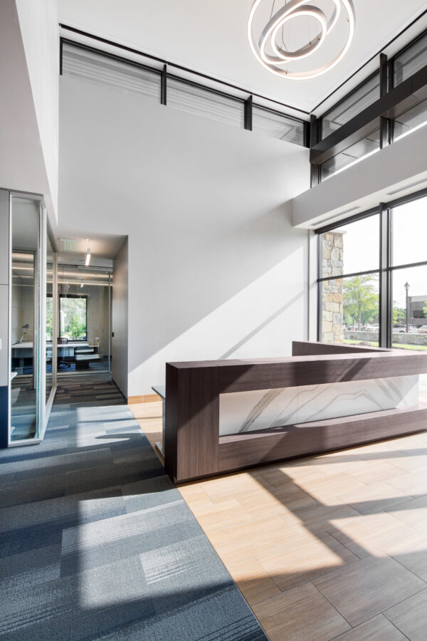 Two-story lobby at the CGI office building designed by WDD Architects