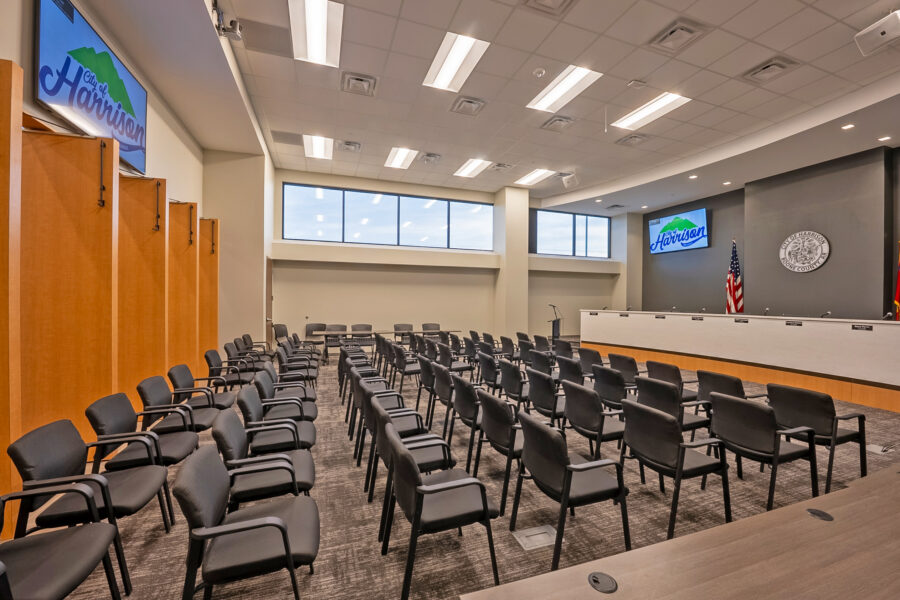 Large municipal council chambers and assembly room with row seating at Harrison Public Safety, designed by WDD Architects.